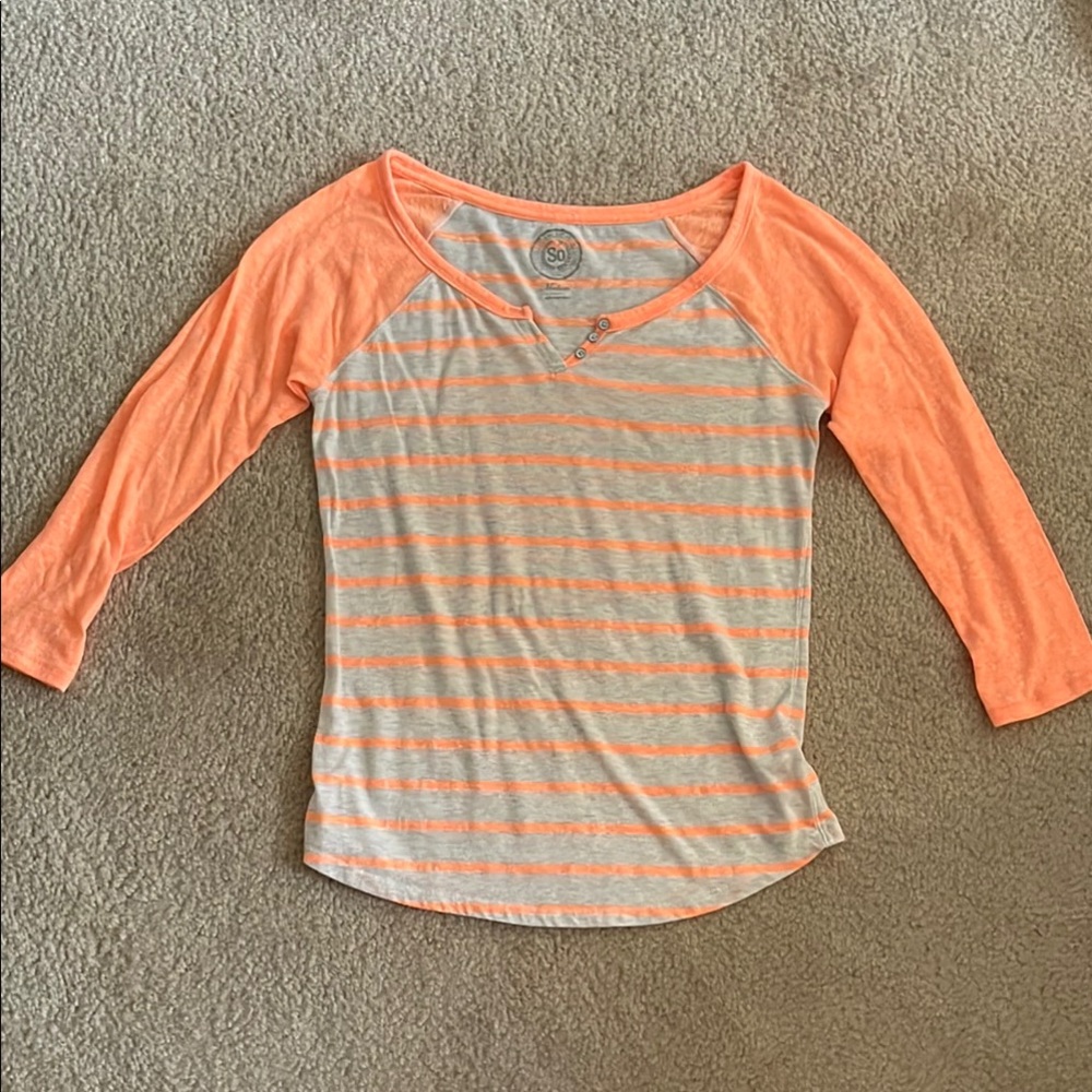 SO Orange and Gray Striped Raglan Tee Size Medium